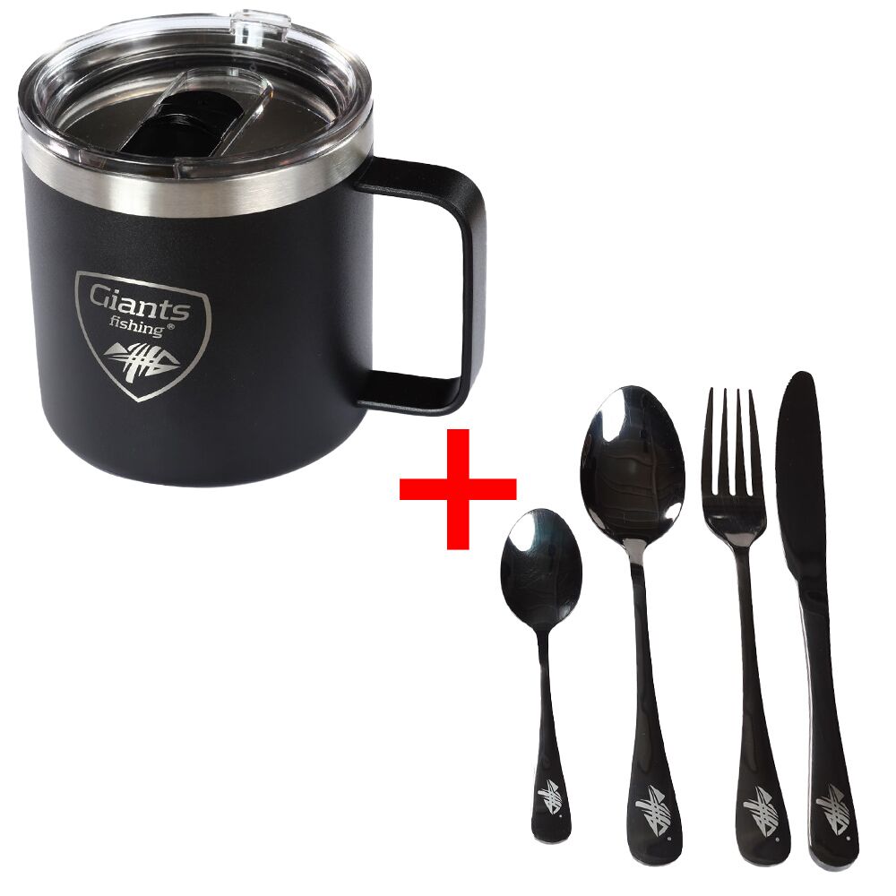 Giants fishing Akčný set Nerezový thermo hrnček 400ml + Sada nerezových príborov
